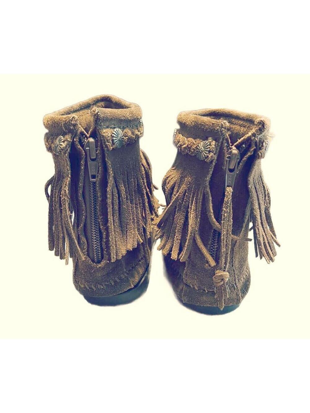 Minnetonka Dusty Brown Suede Concho Fringe High Top Back Zip Moccasin Boots 9 - Picture 6 of 8